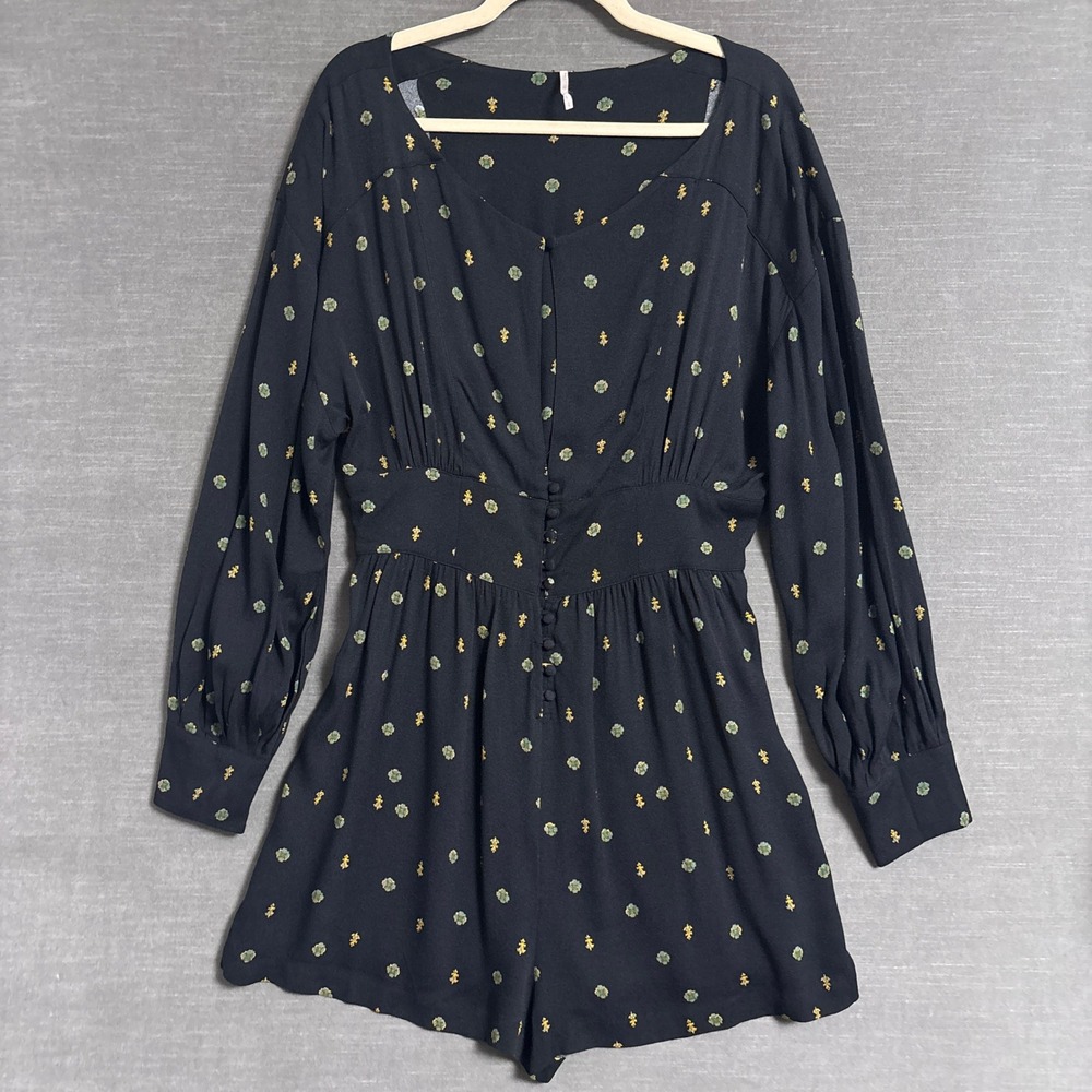 Free People Romper L Black Long Sleeve Boho Shorts Jumpsuit Boho Keyhole Relaxed